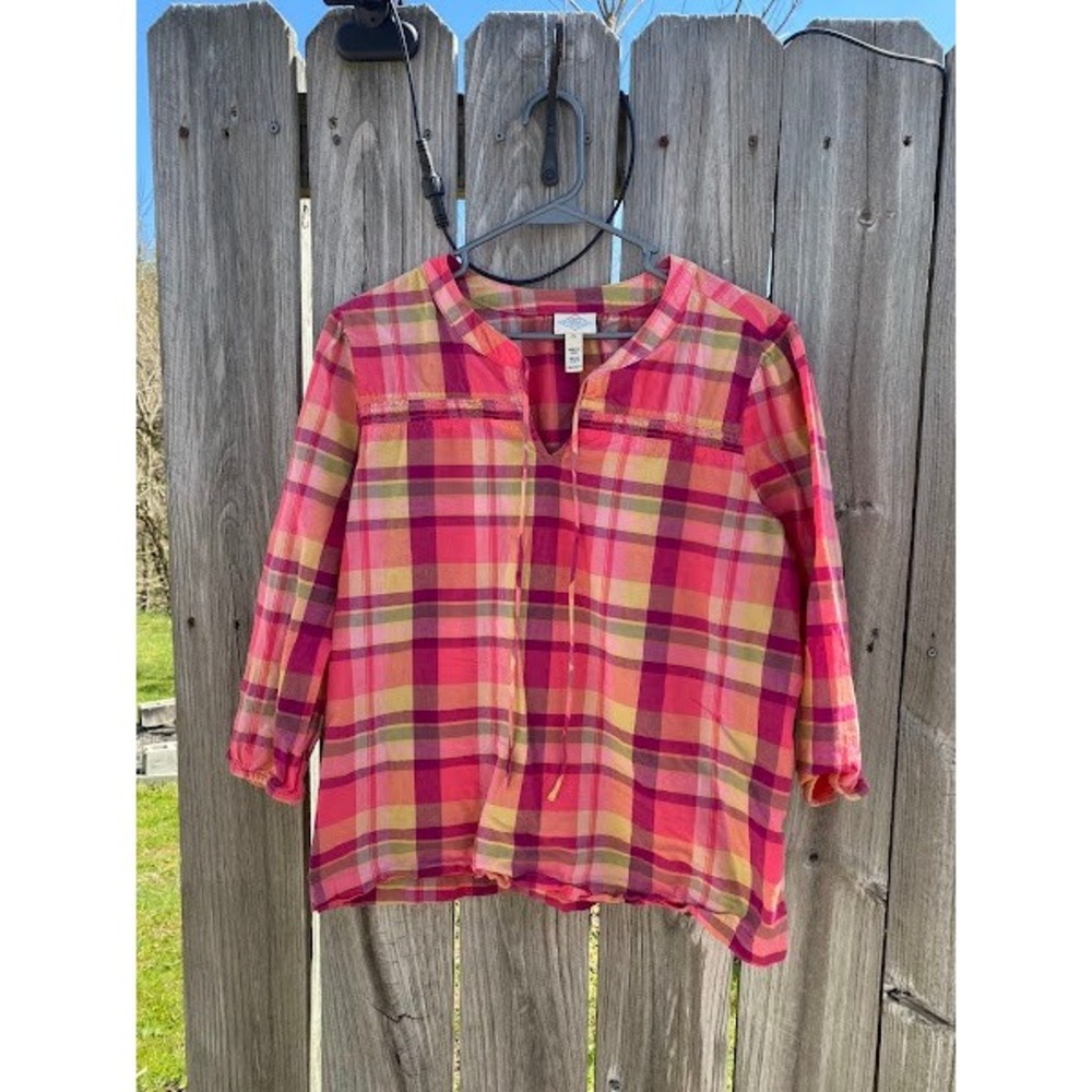 St Johns Bay Pink Orange Plaid Split Neck Tie Blouse 3/4 Sleeve Petite Large PL